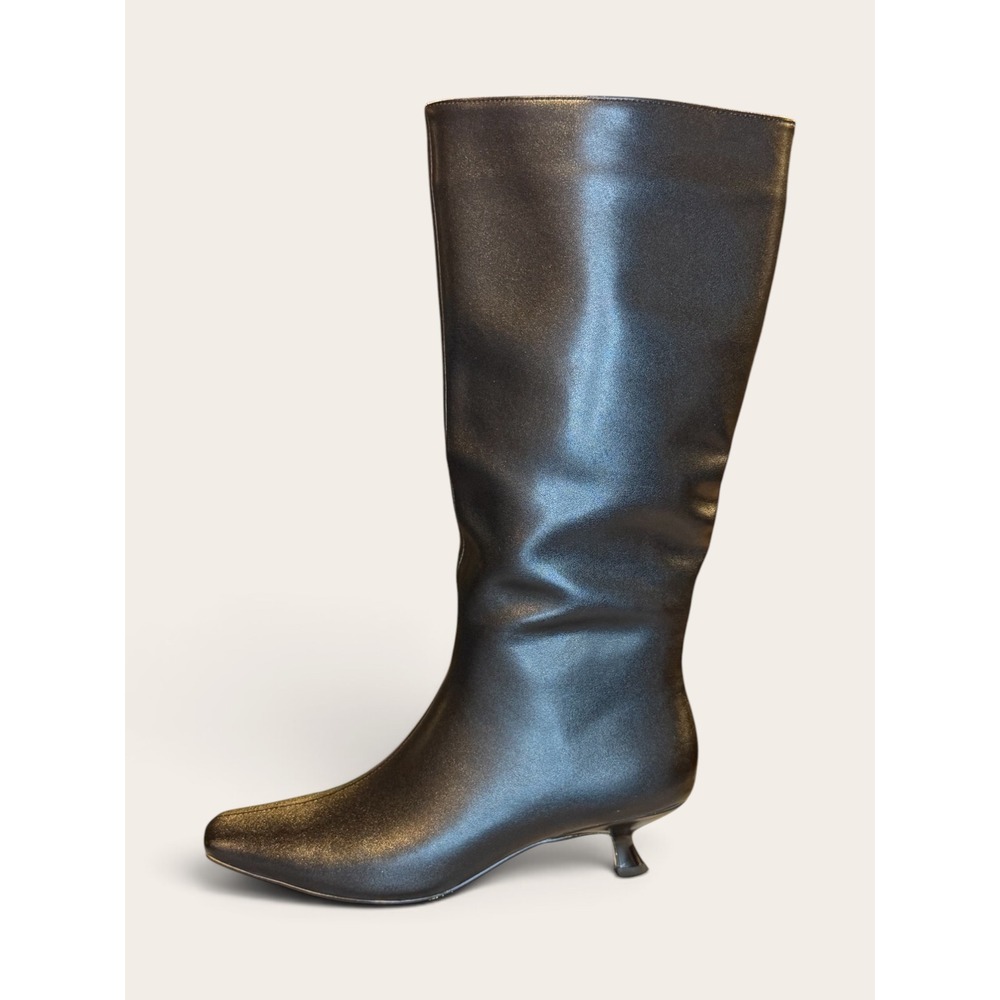 JilTrdWei Womens Black Faux Leather Knee High Boots Square Toe Kitten Heel 6.5
